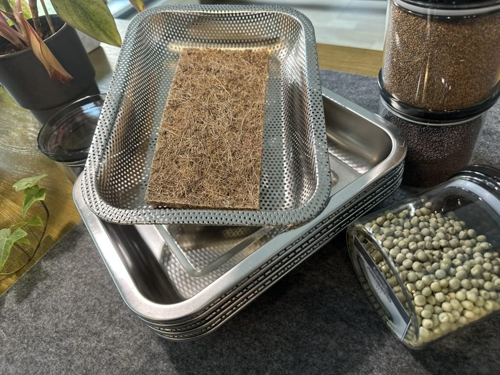 Coco coir growing mat laid inside a perforated stainless steel microgreen tray