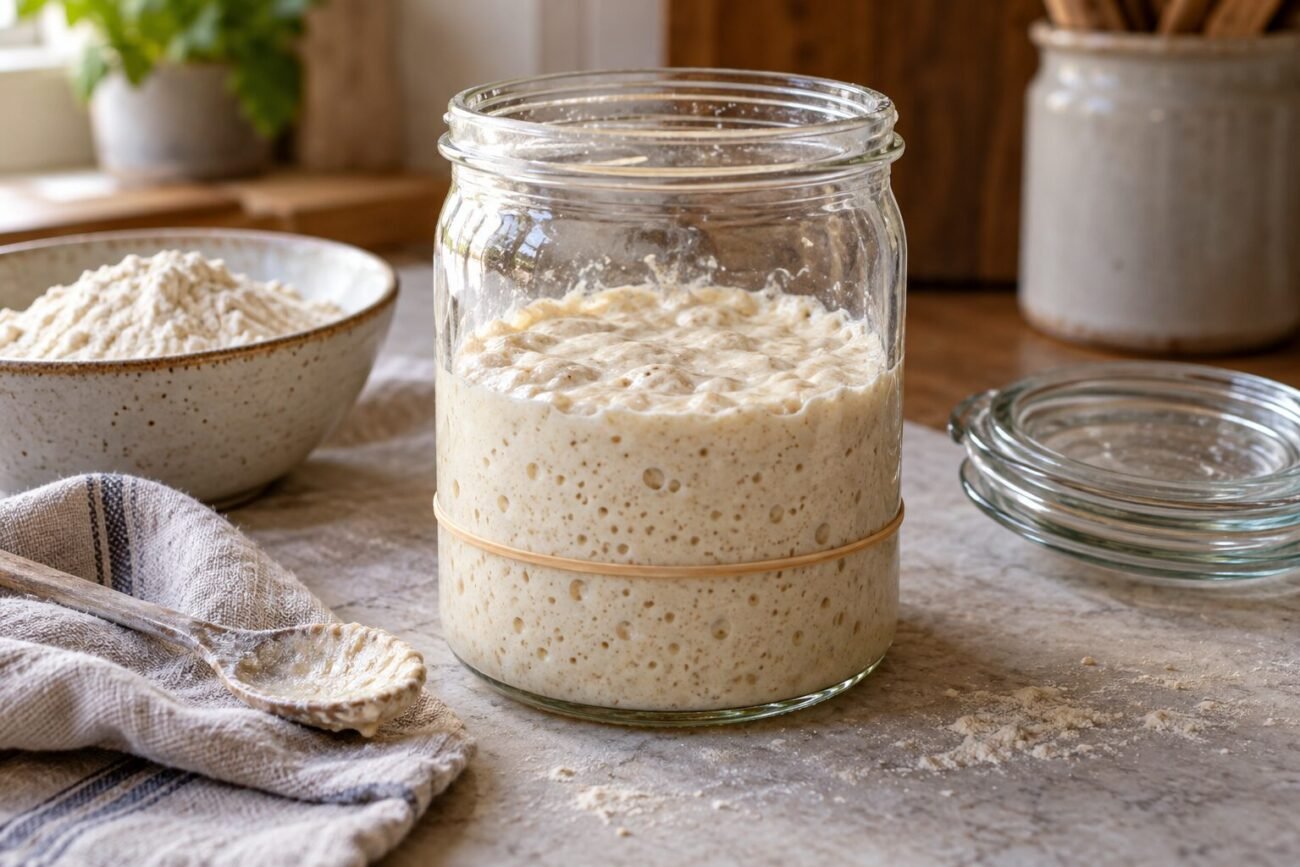 Bubbly sourdough starter in a glass jar