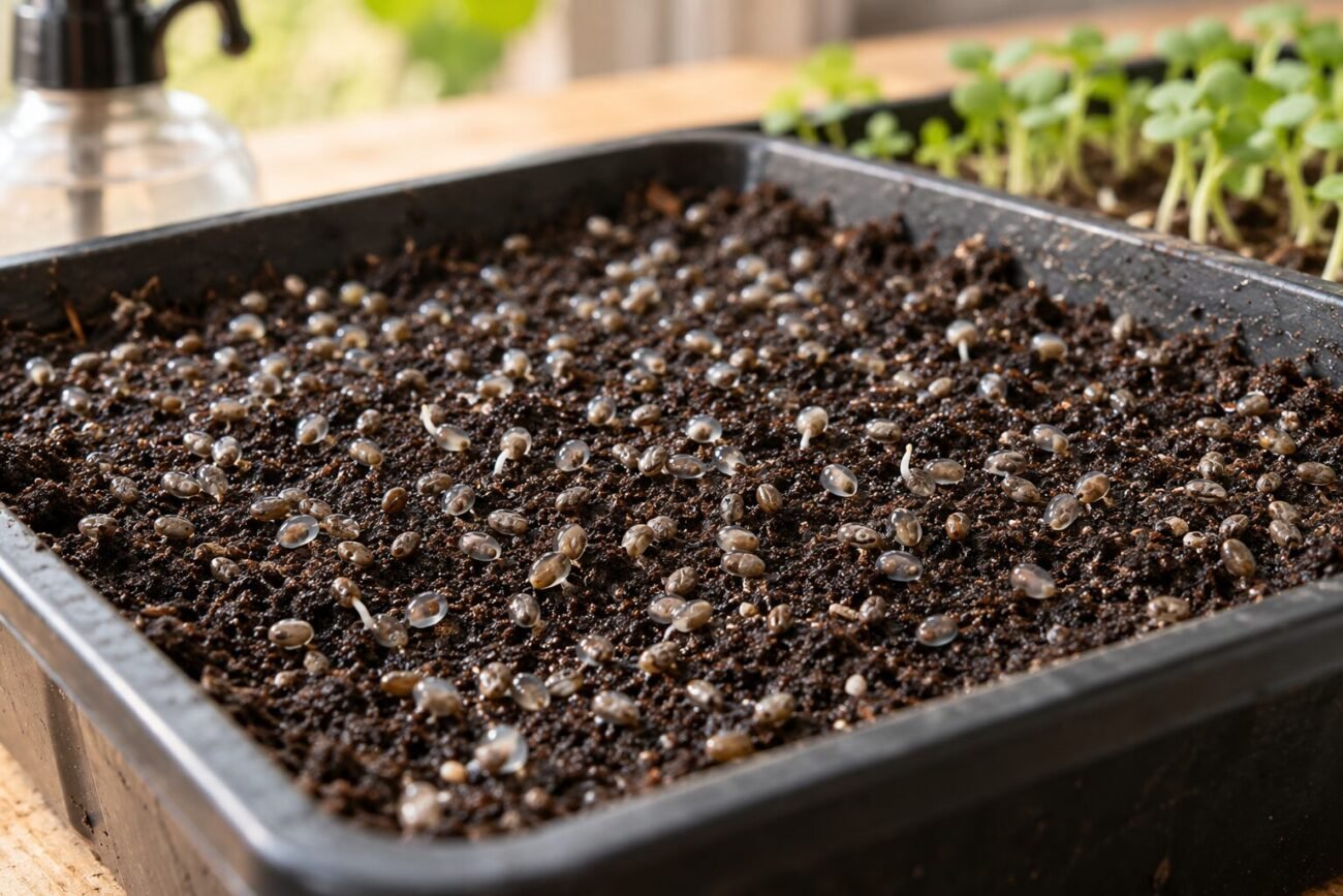 Chia seeds germinating in a nursery tray