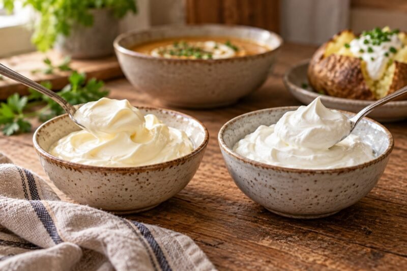Crème fraîche and sour cream side by side