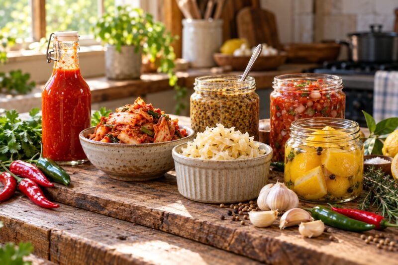 Homemade fermented condiments: hot sauce, kimchi, sauerkraut, mustard and preserved lemons
