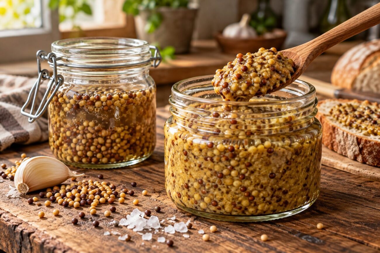 Homemade fermented whole-grain mustard in glass jars