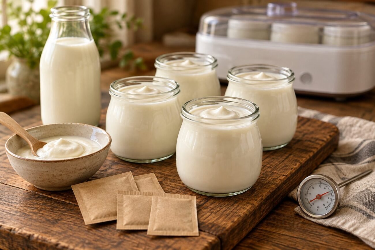 Homemade yogurt jars with starter culture sachets
