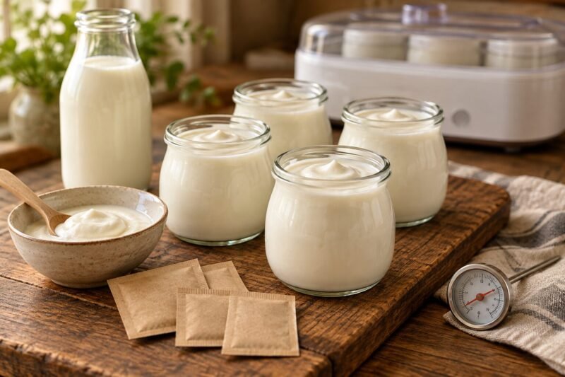 Homemade yogurt jars with starter culture sachets
