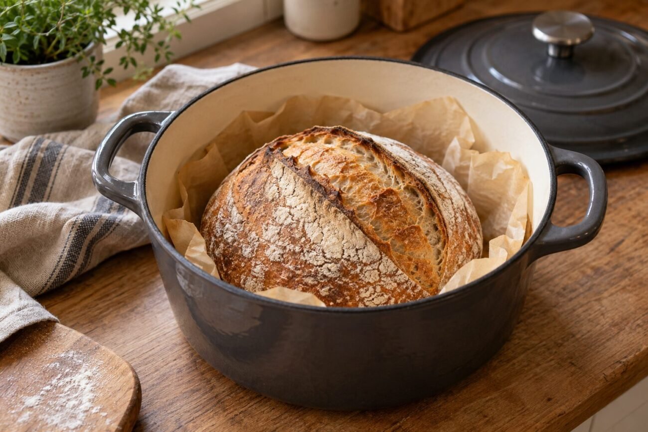 Sourdough boule in a Dutch oven