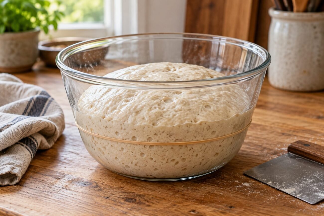 Sourdough bulk fermentation in a glass bowl