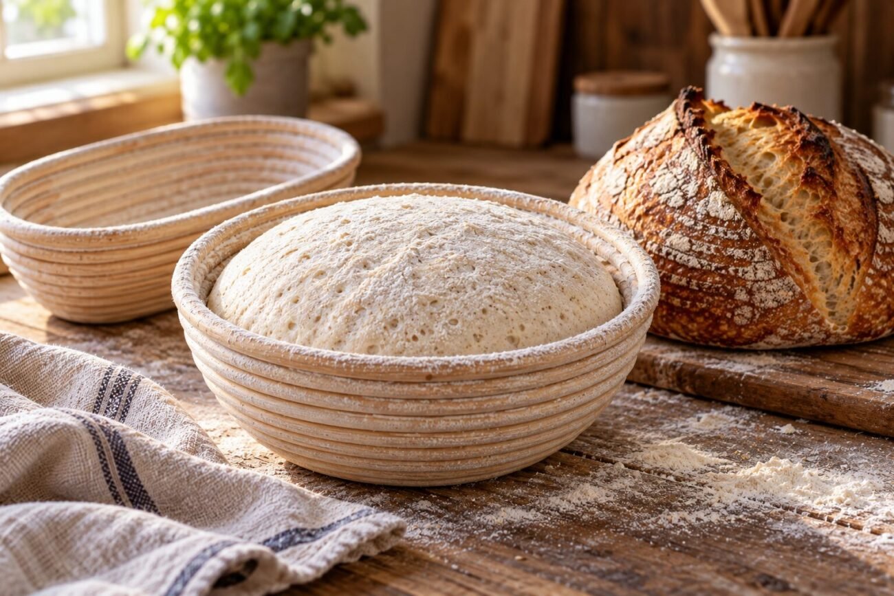 Sourdough dough proofing in a round banneton