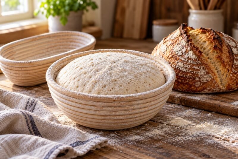 Sourdough dough proofing in a round banneton